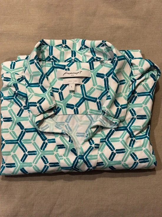 Foxcroft - Geometric V-Neck - Tunic Dress Cover Up - Teal, White, Navy - Large - Picture 14 of 15